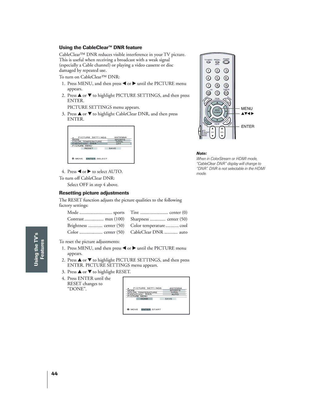 Toshiba 34HF84 owner manual Using the CableClear DNR feature, Resetting picture adjustments, Done 