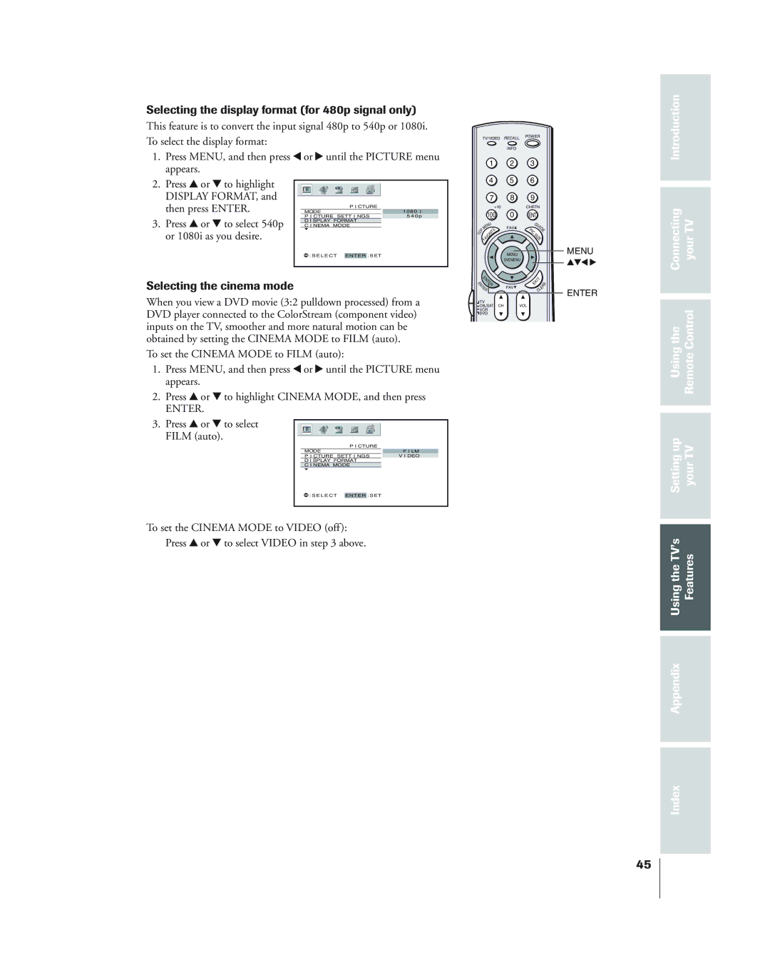 Toshiba 34HF84 owner manual Selecting the display format for 480p signal only, Selecting the cinema mode 