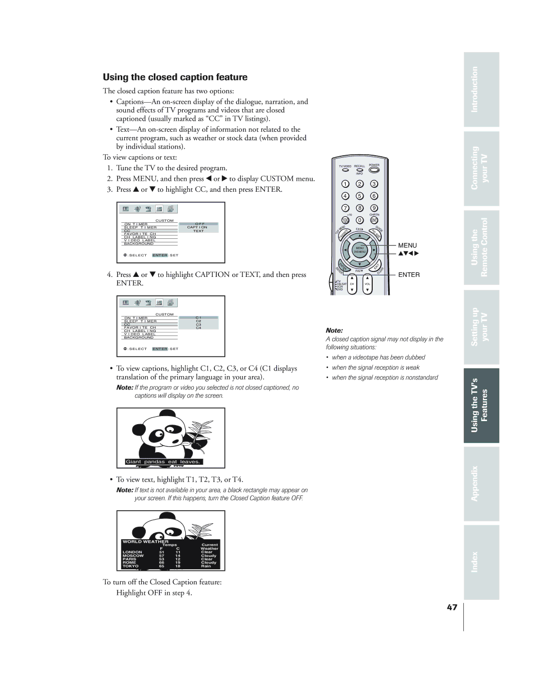 Toshiba 34HF84 owner manual Using the closed caption feature, Press y or z to highlight Caption or TEXT, and then press 