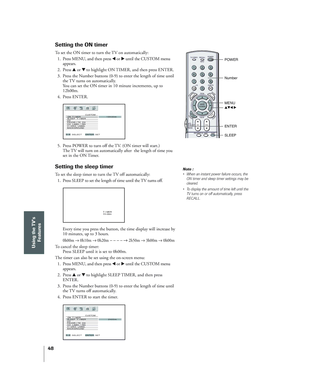 Toshiba 34HF84 owner manual Setting the on timer, Setting the sleep timer 