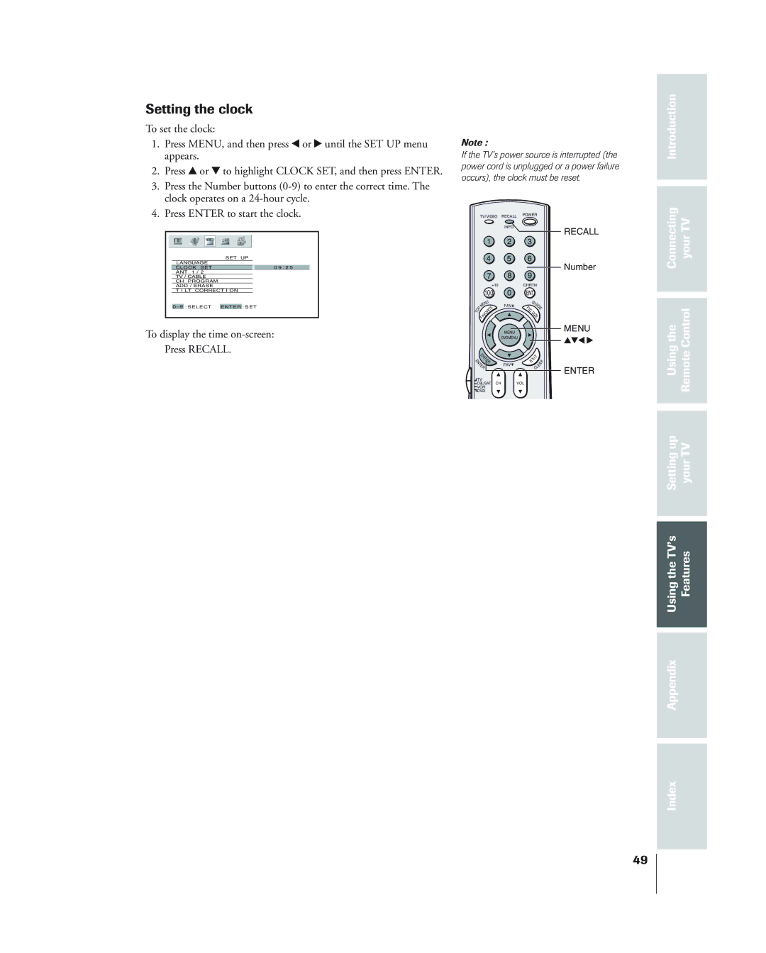 Toshiba 34HF84 To set the clock, Press y or z to highlight Clock SET, and then press Enter, Press Enter to start the clock 