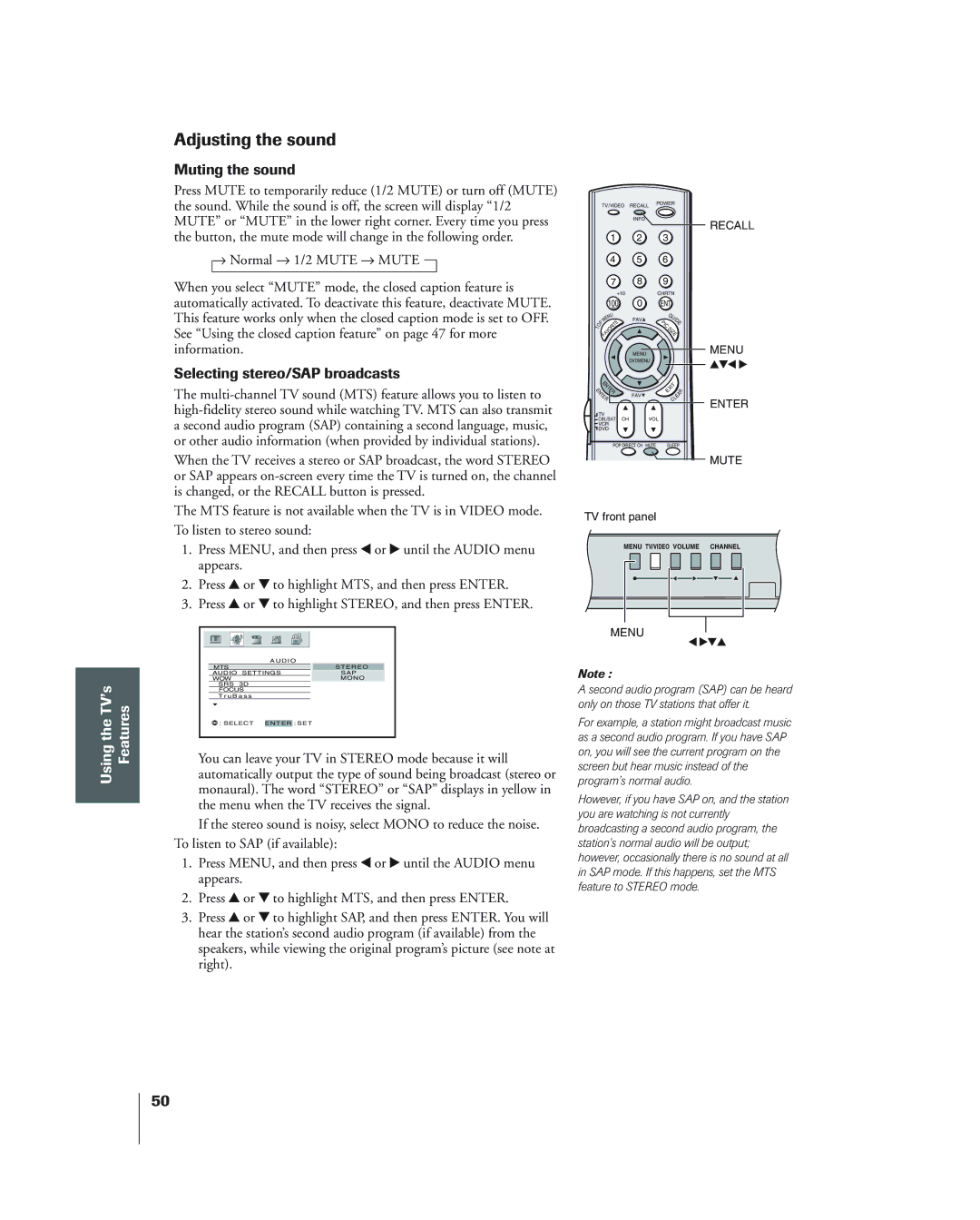 Toshiba 34HF84 owner manual Adjusting the sound, Muting the sound, Selecting stereo/SAP broadcasts 