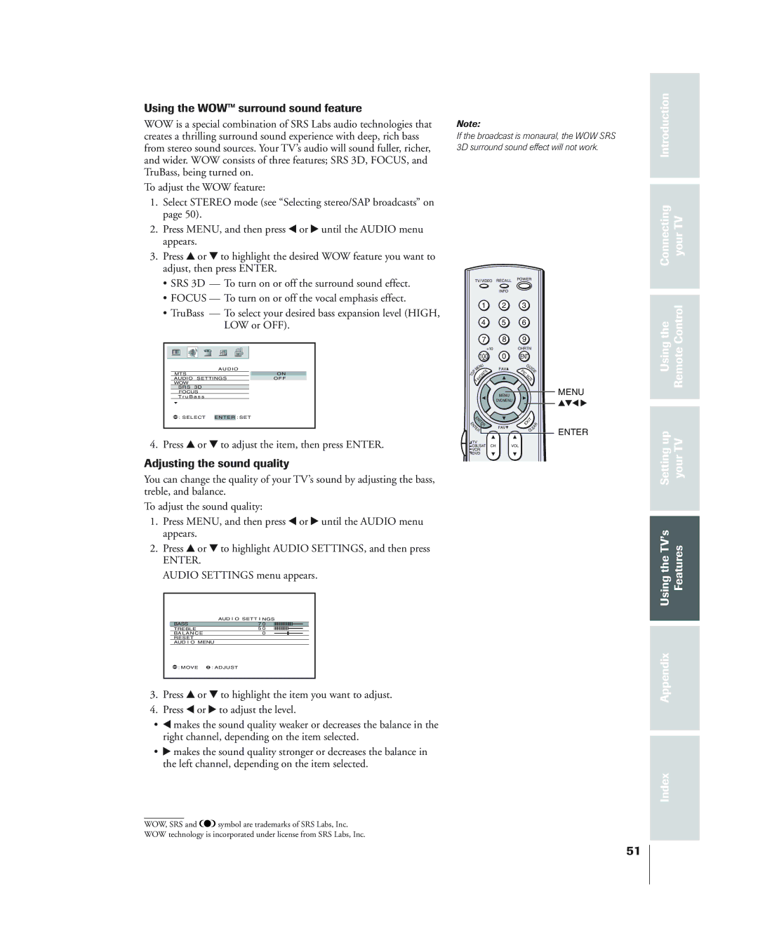 Toshiba 34HF84 owner manual Using the WOW surround sound feature, Adjusting the sound quality, Audio Settings menu appears 