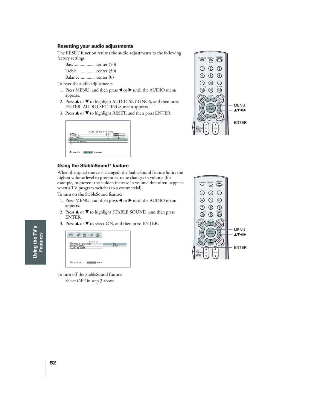 Toshiba 34HF84 owner manual Resetting your audio adjustments, Using the StableSound feature 