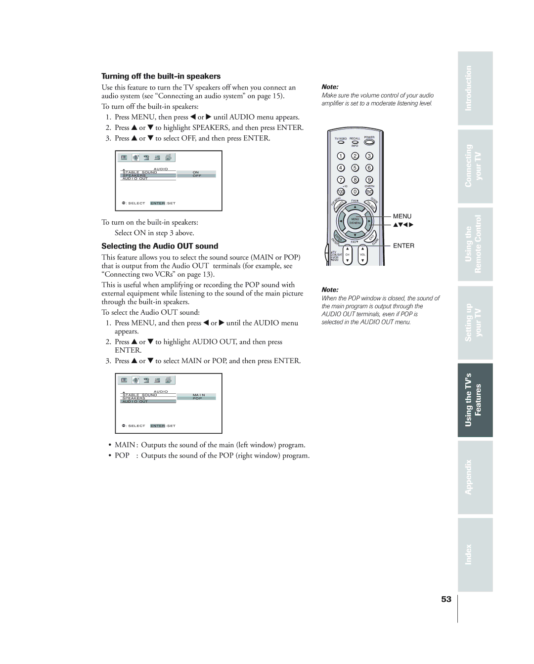 Toshiba 34HF84 owner manual Turning off the built-in speakers, Selecting the Audio OUT sound 