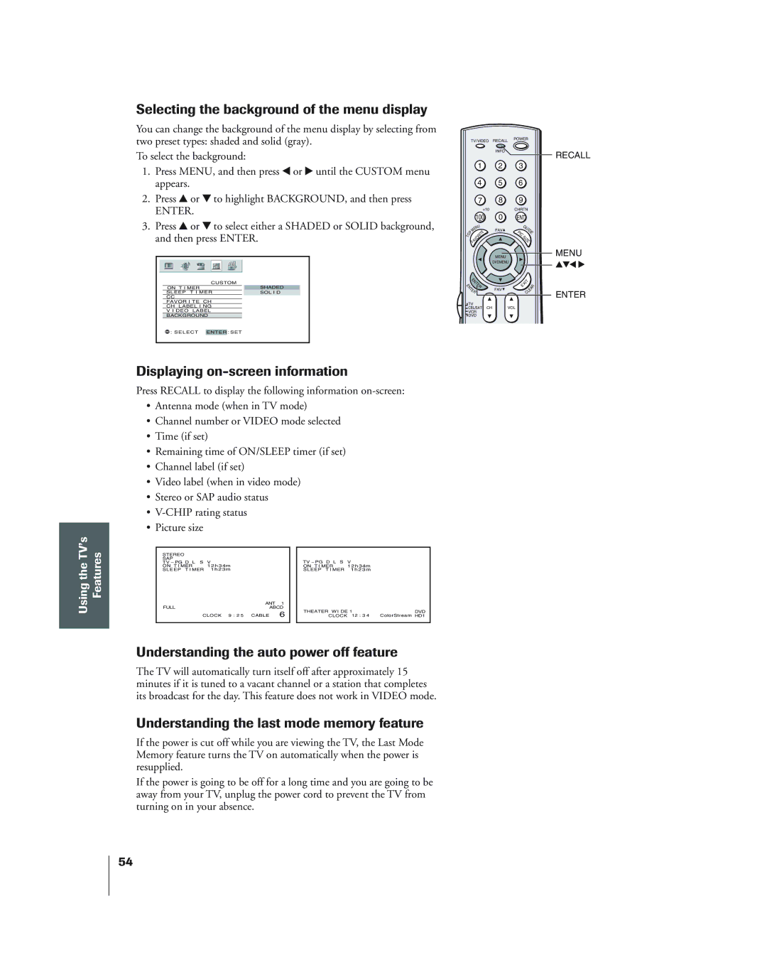 Toshiba 34HF84 owner manual Selecting the background of the menu display, Displaying on-screen information 