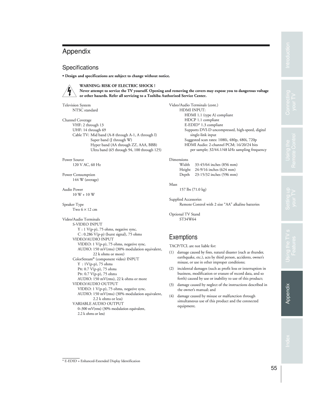 Toshiba 34HF84 owner manual Appendix, Specifications 