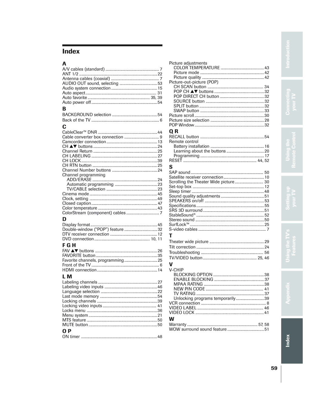 Toshiba 34HF84 owner manual Index 