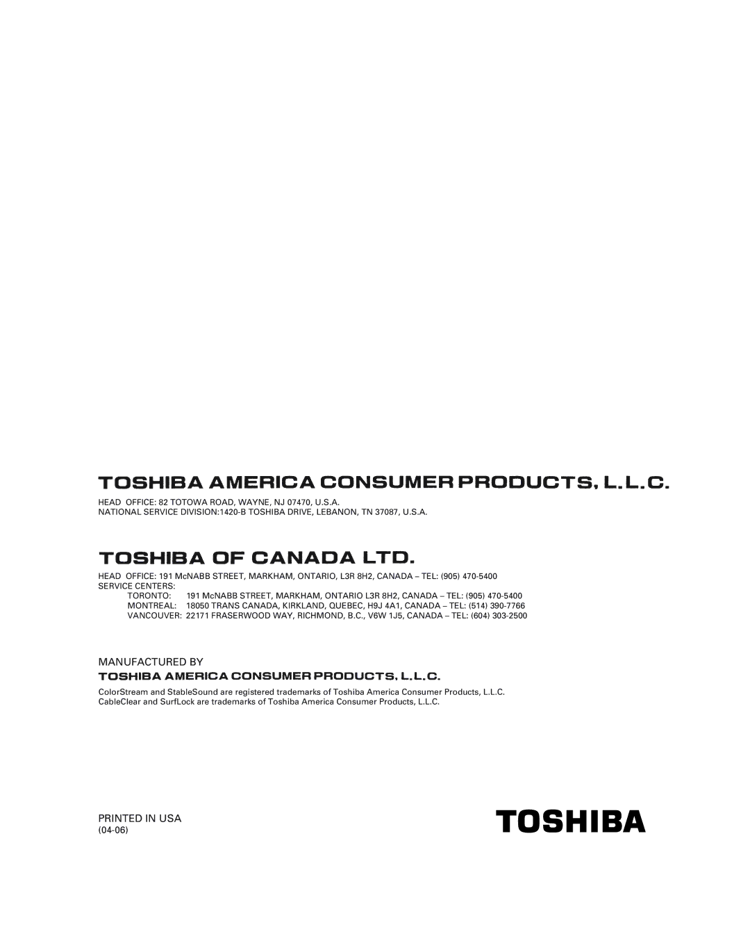 Toshiba 34HF84 owner manual Manufactured by 