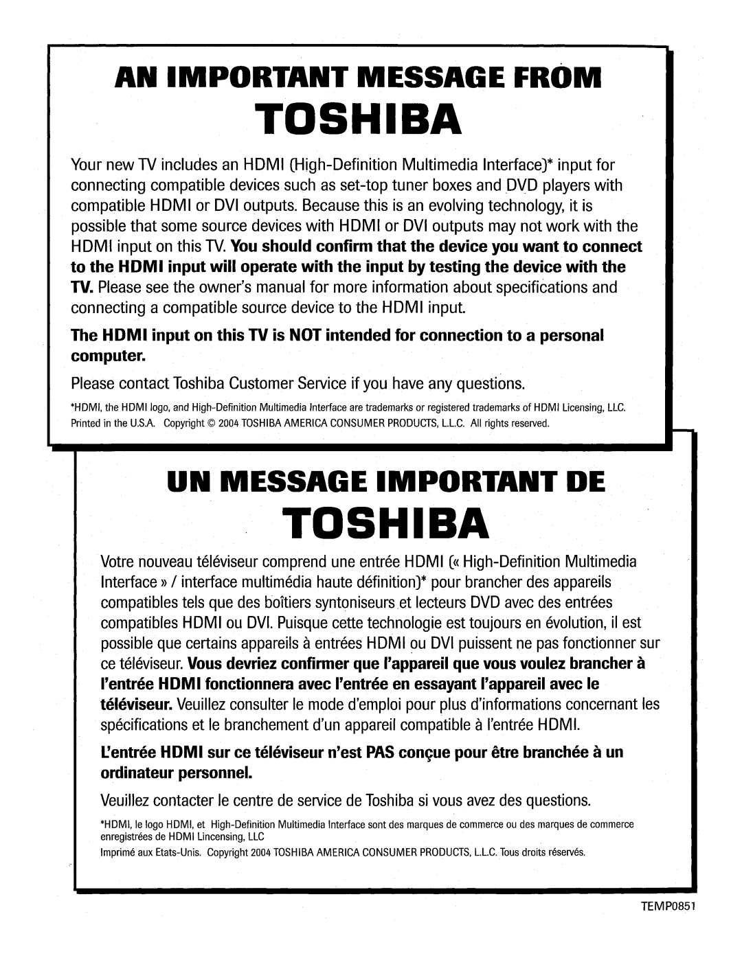 Toshiba 34HF84 owner manual 