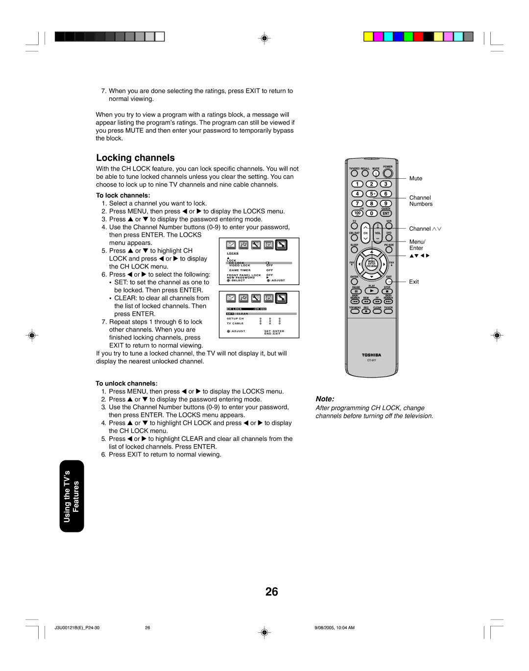 Toshiba 34HF85 appendix Locking channels, To lock channels, To unlock channels 