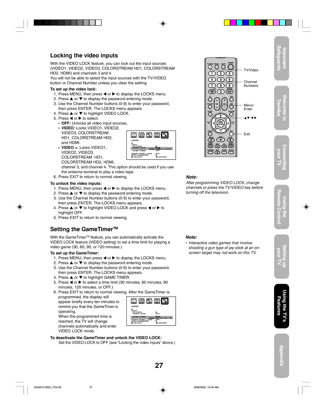 Toshiba 34HF85 appendix Locking the video inputs, Setting the GameTimerTM 