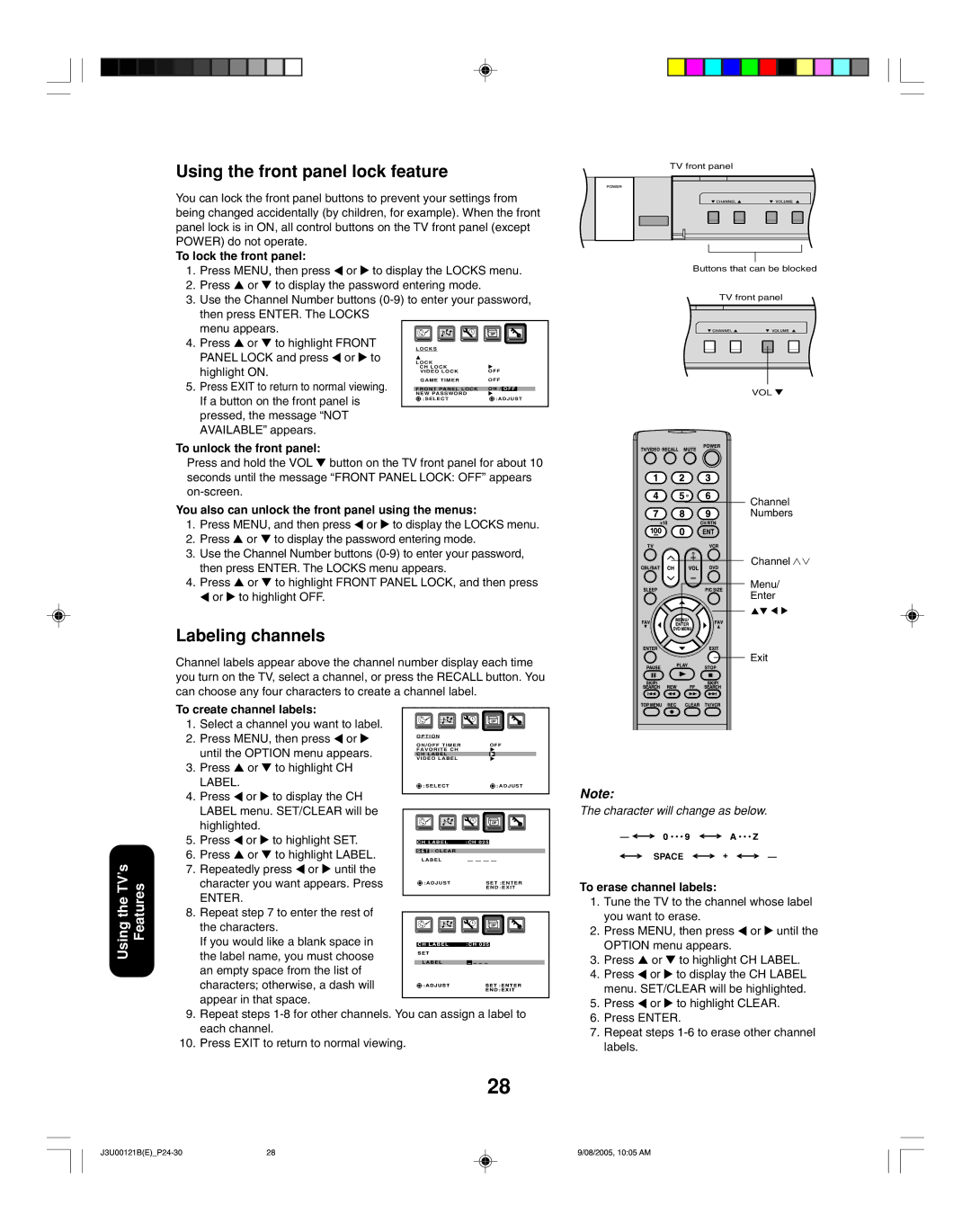 Toshiba 34HF85 appendix Using the front panel lock feature, Labeling channels 