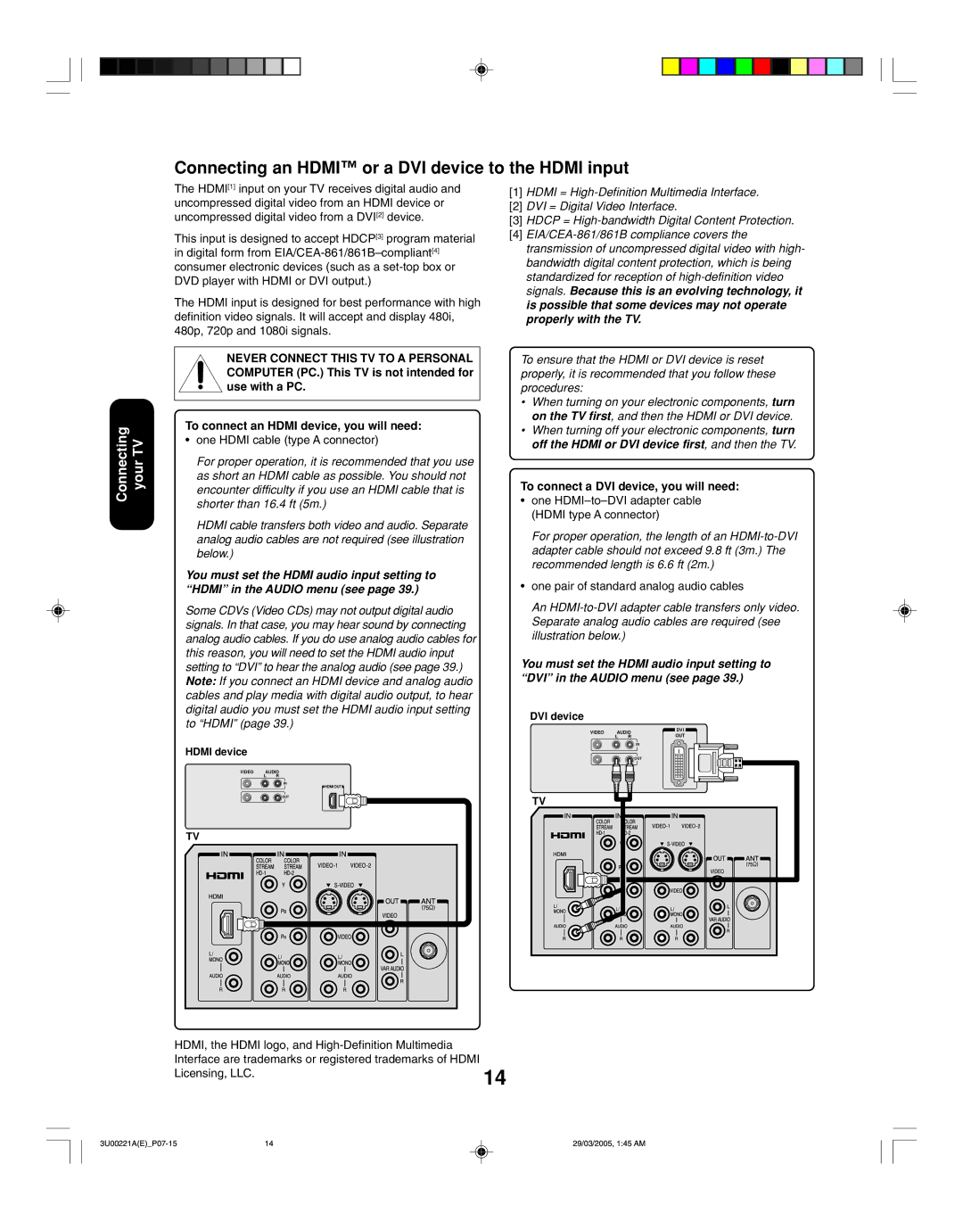 Toshiba 34HF85C appendix Connecting an Hdmi or a DVI device to the Hdmi input, To connect a DVI device, you will need 