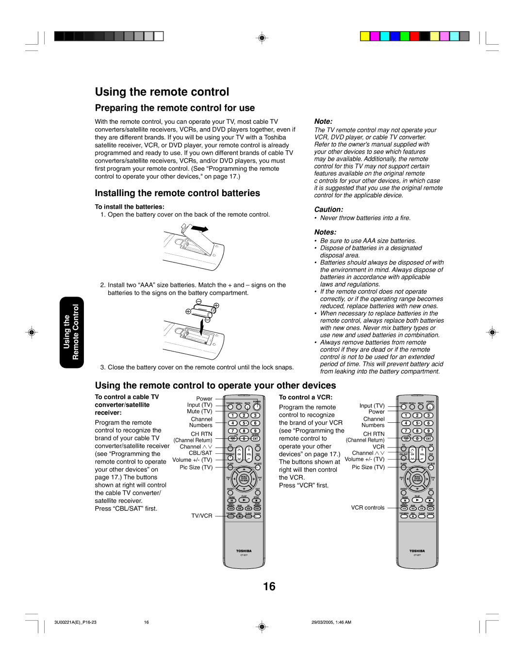 Toshiba 34HF85C Using the remote control, Preparing the remote control for use, Installing the remote control batteries 