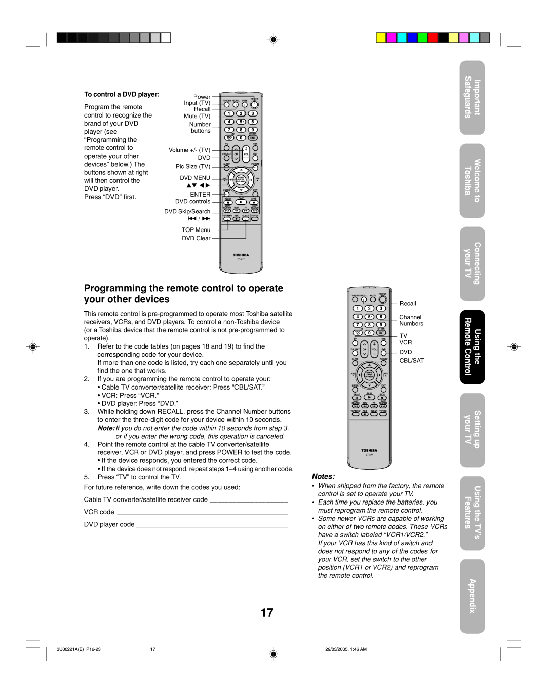 Toshiba 34HF85C appendix Programming the remote control to operate your other devices, To control a DVD player 