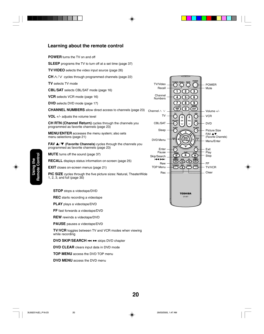 Toshiba 34HF85C appendix Learning about the remote control, Using Remote 