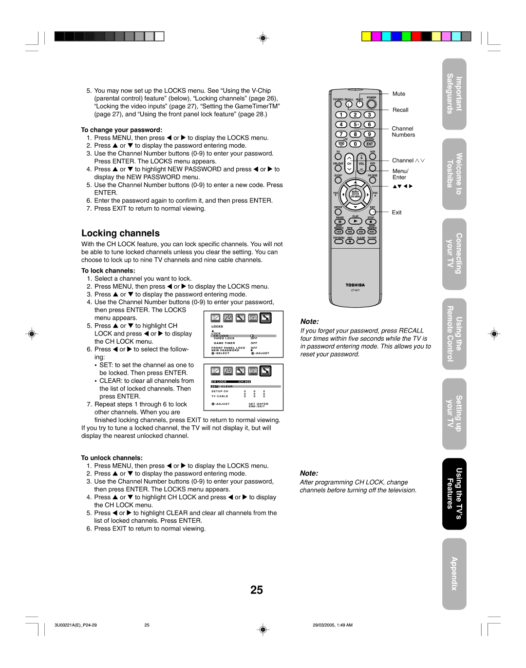 Toshiba 34HF85C appendix Locking channels, To change your password, To lock channels, To unlock channels 