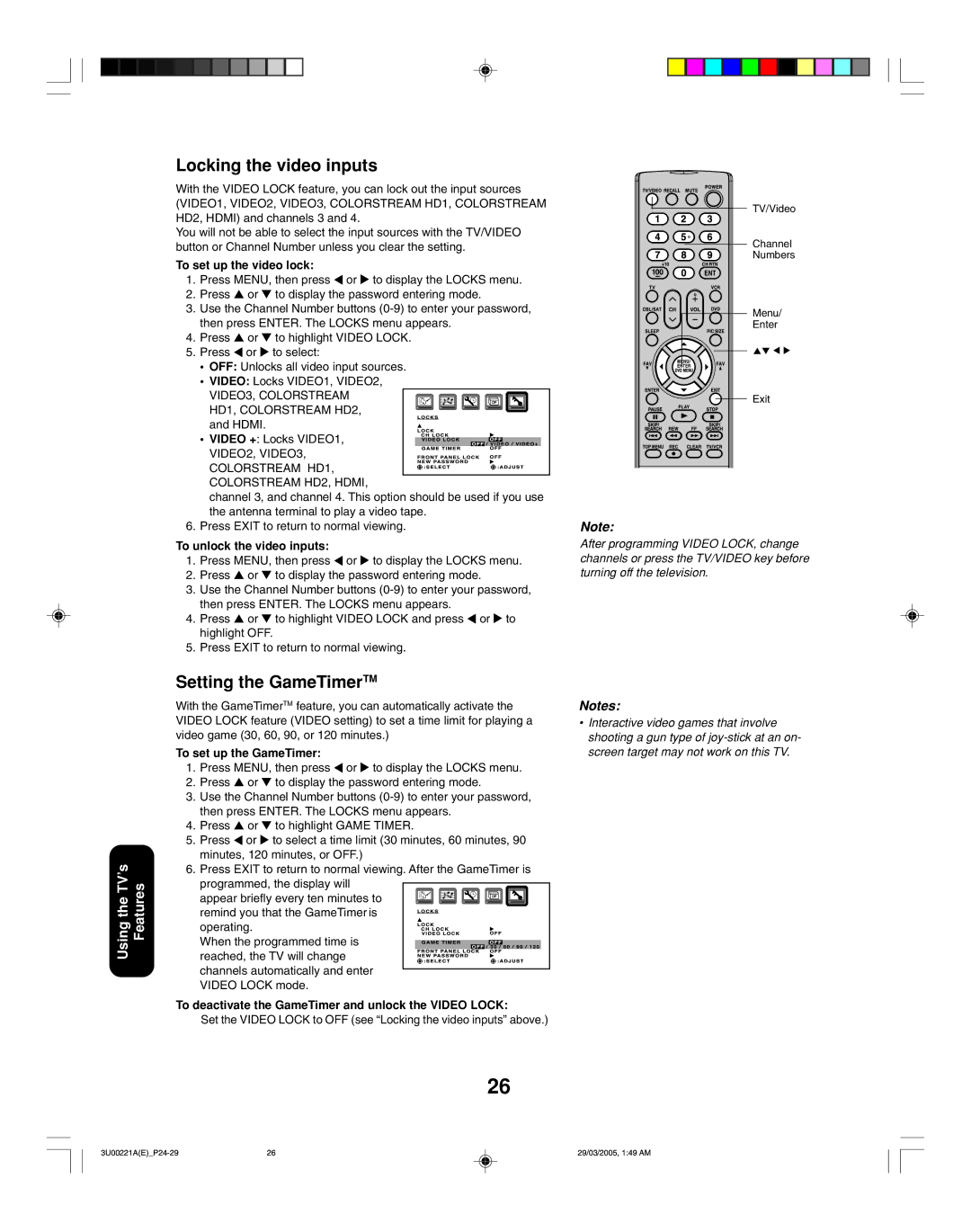 Toshiba 34HF85C appendix Locking the video inputs, Setting the GameTimerTM 