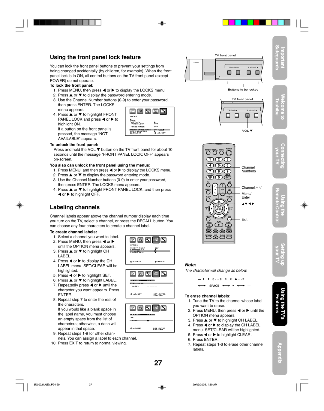 Toshiba 34HF85C appendix Using the front panel lock feature, Labeling channels 