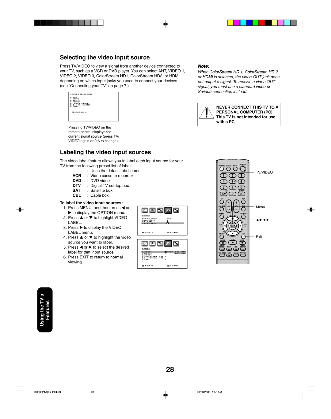 Toshiba 34HF85C Selecting the video input source, Labeling the video input sources, To label the video input sources 