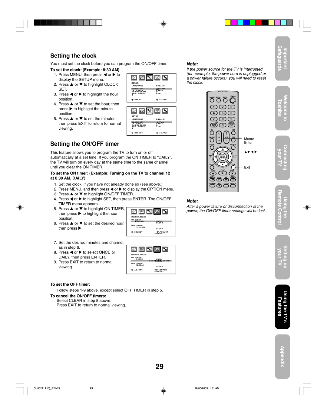 Toshiba 34HF85C appendix Setting the clock, Setting the ON/OFF timer, To set the clock Example 830 AM, To set the OFF timer 