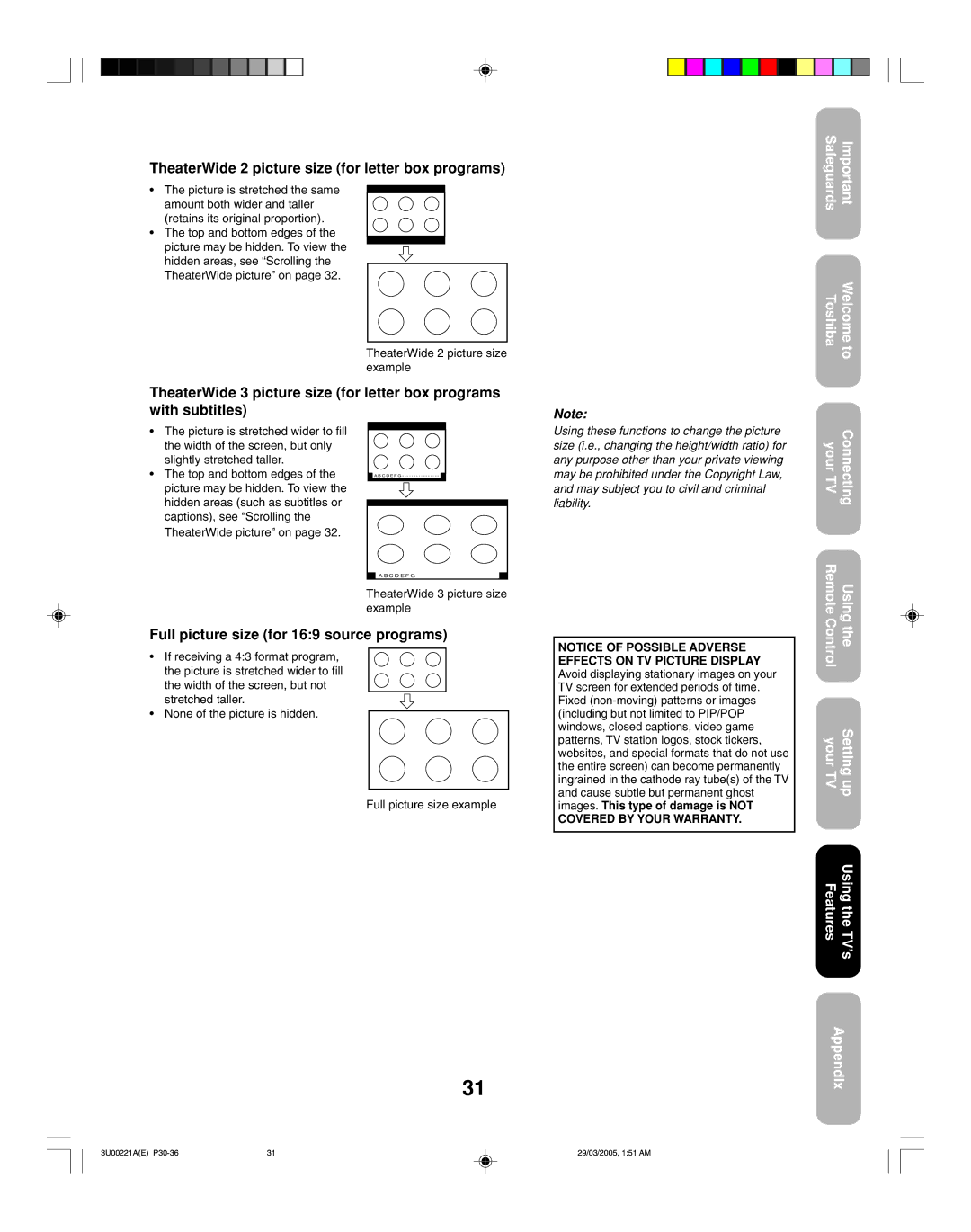 Toshiba 34HF85C appendix TheaterWide 2 picture size for letter box programs, Full picture size for 169 source programs 