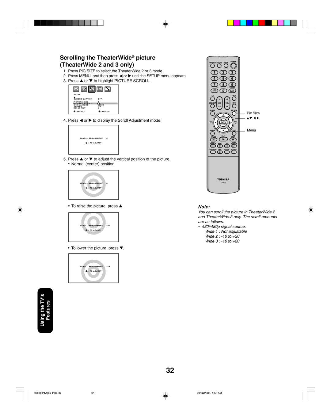 Toshiba 34HF85C appendix Scrolladjustmentto +20, Scrolling the TheaterWide picture TheaterWide 2 and 3 only 