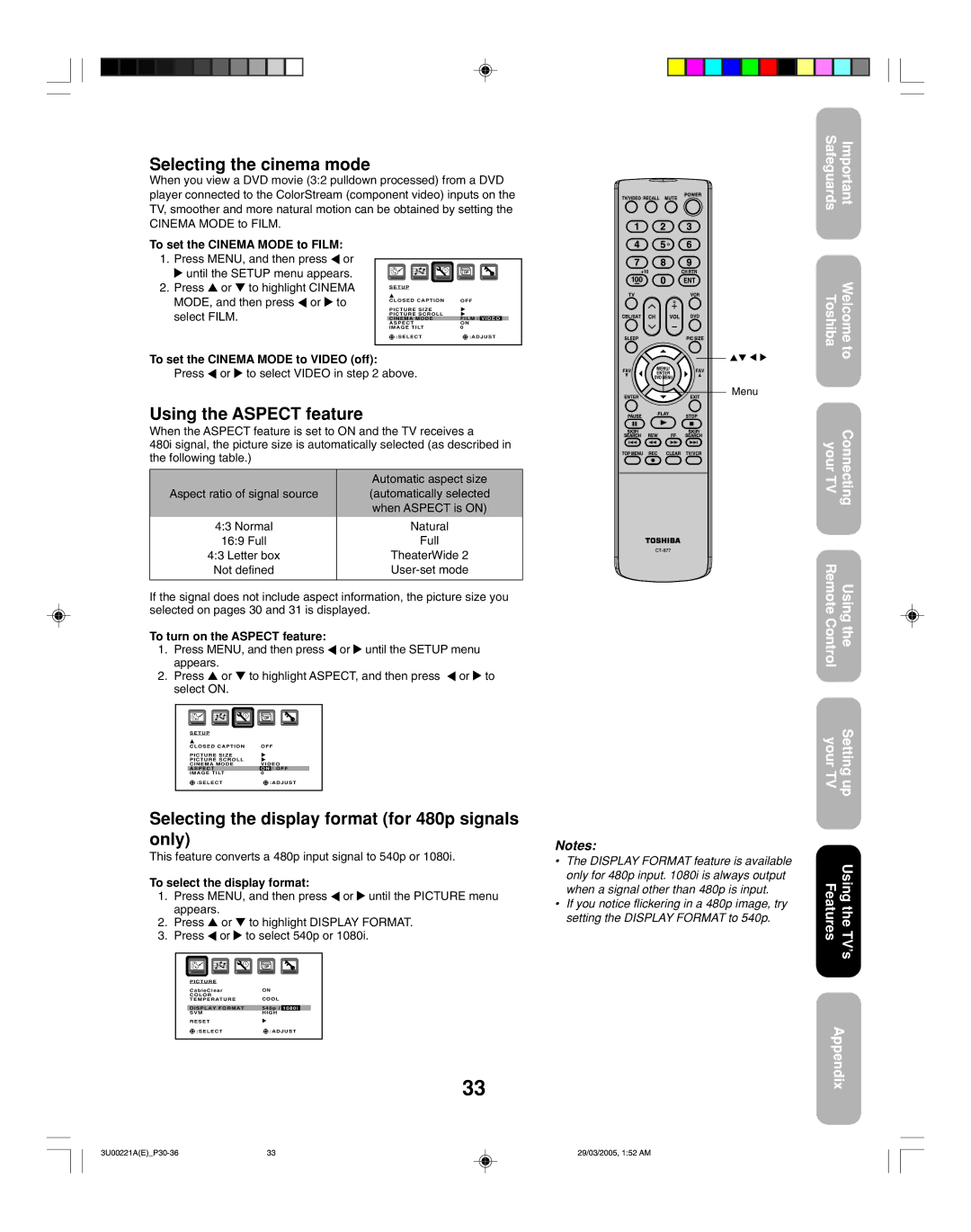 Toshiba 34HF85C Selecting the cinema mode, Using the Aspect feature, Selecting the display format for 480p signals only 