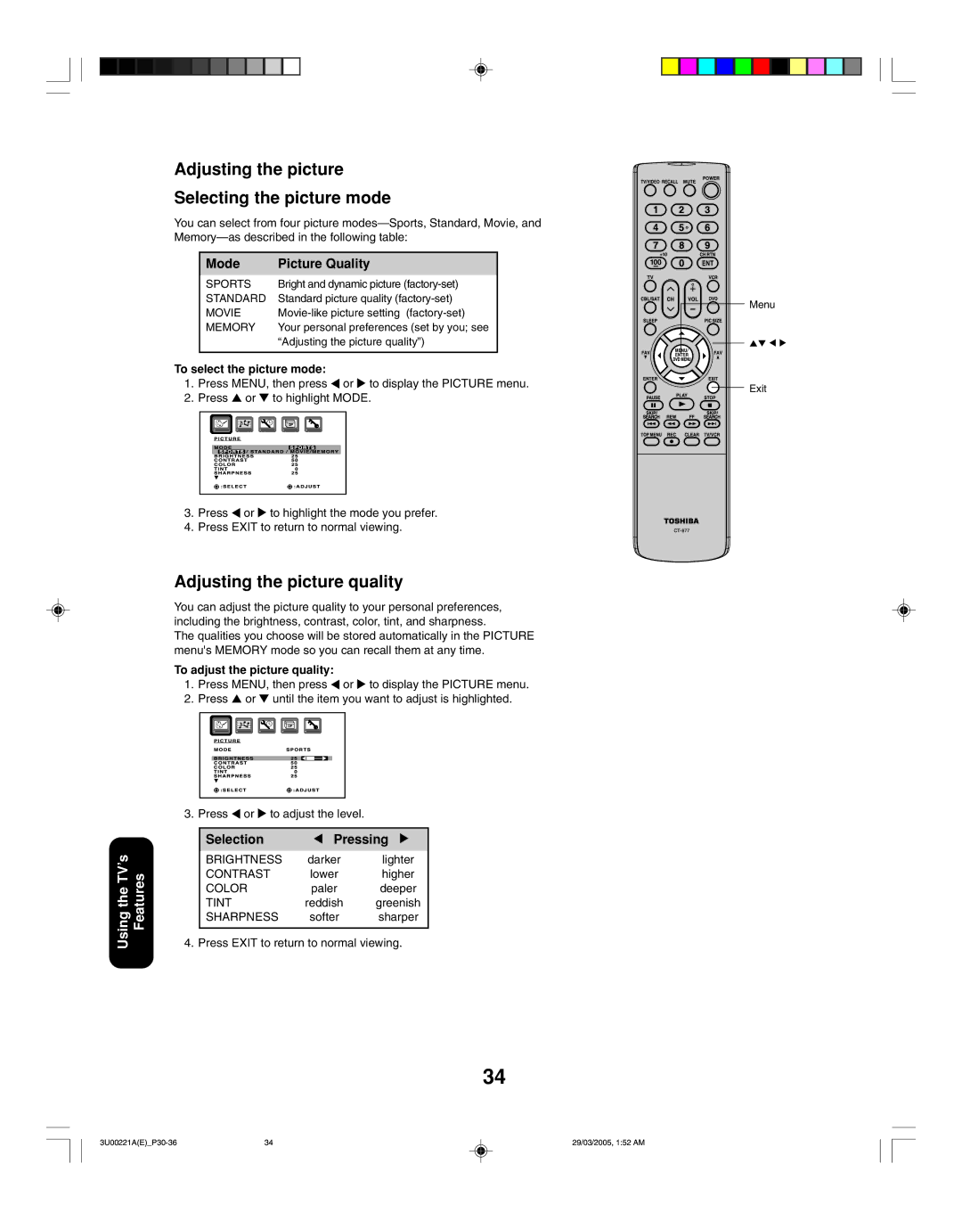 Toshiba 34HF85C appendix Adjusting the picture Selecting the picture mode, Adjusting the picture quality 