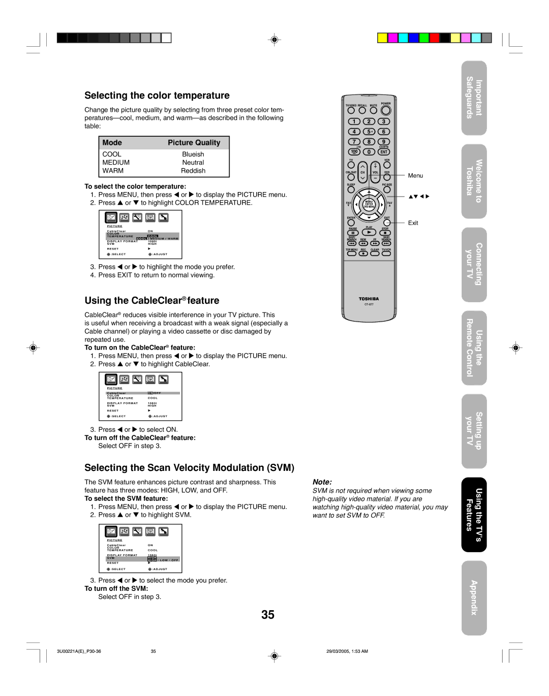 Toshiba 34HF85C Selecting the color temperature, Using the CableClear feature, Selecting the Scan Velocity Modulation SVM 