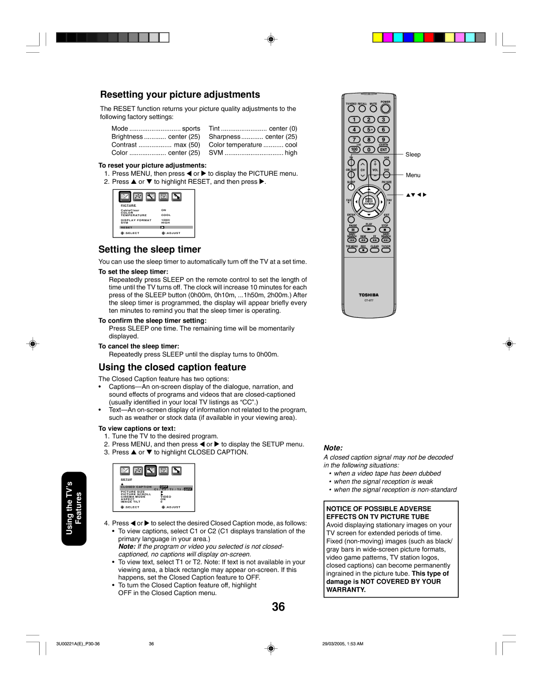 Toshiba 34HF85C appendix Resetting your picture adjustments, Setting the sleep timer, Using the closed caption feature 