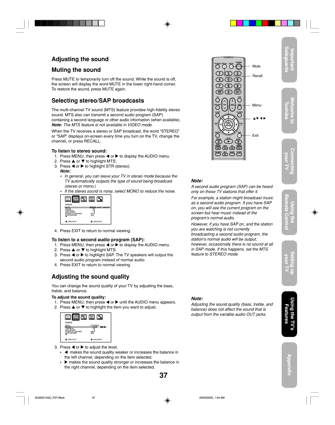 Toshiba 34HF85C appendix Adjusting the sound Muting the sound, Selecting stereo/SAP broadcasts, Adjusting the sound quality 