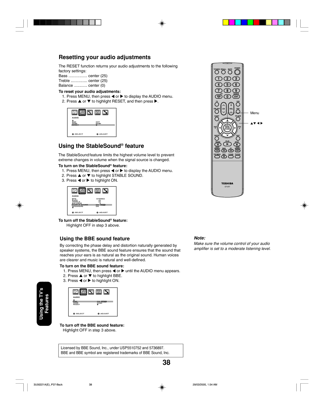 Toshiba 34HF85C appendix Resetting your audio adjustments, Using the StableSound feature, Using the BBE sound feature 