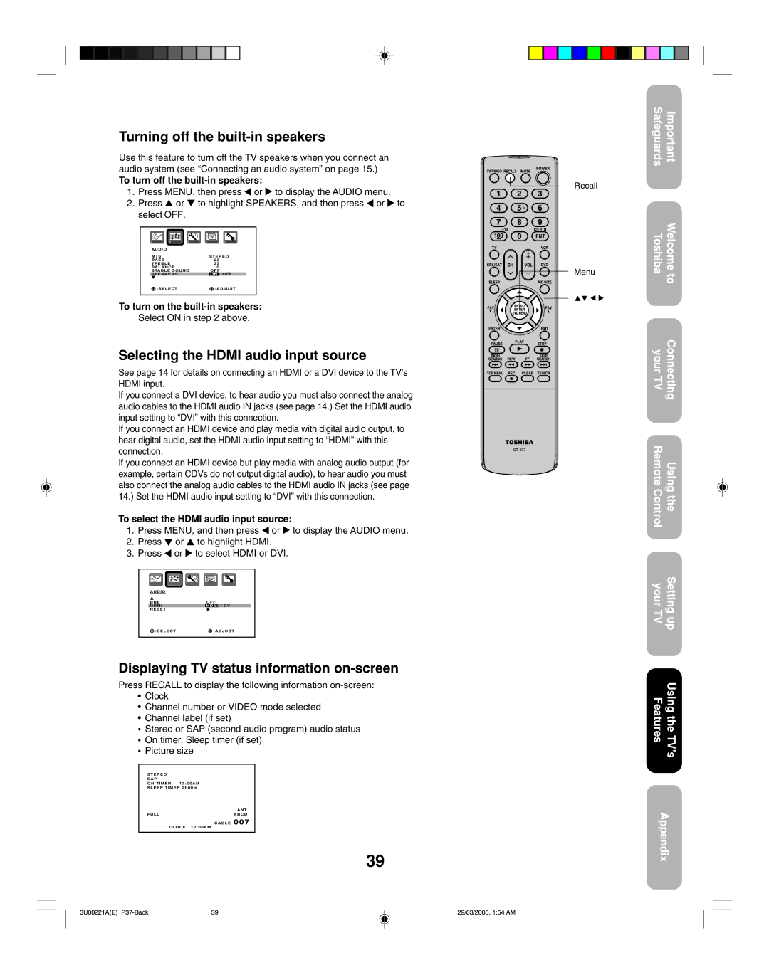 Toshiba 34HF85C appendix Turning off the built-in speakers, Selecting the Hdmi audio input source 