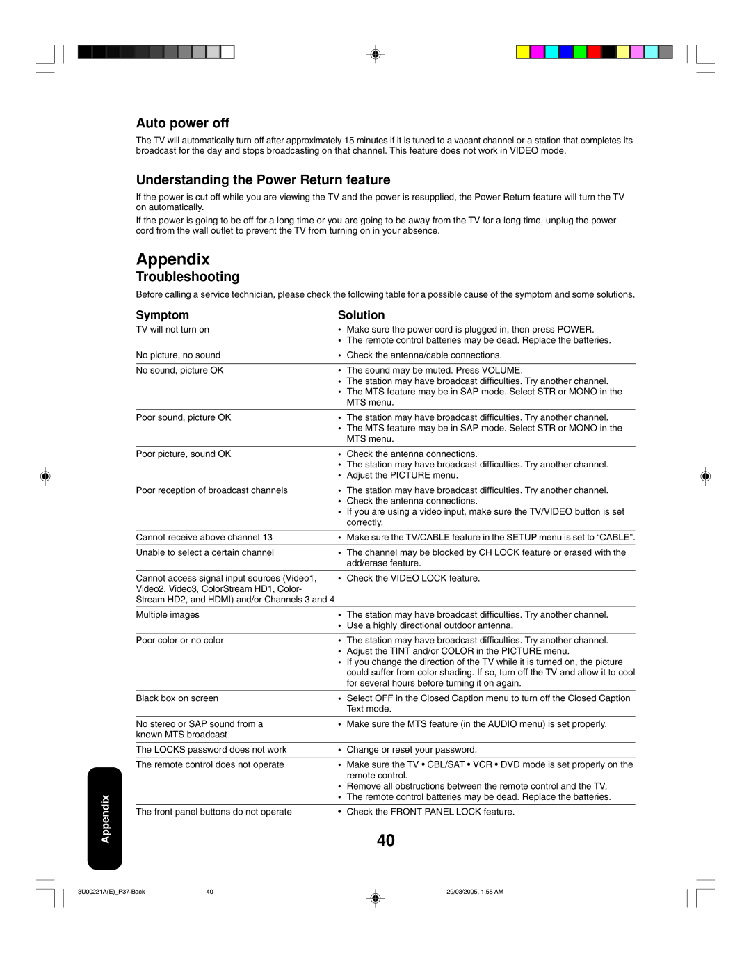 Toshiba 34HF85C Appendix, Auto power off, Understanding the Power Return feature, Troubleshooting, Symptom Solution 