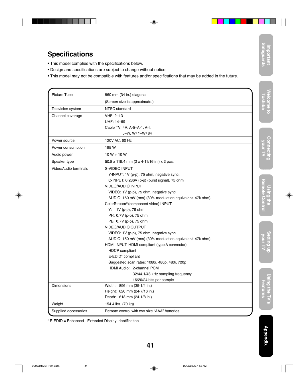 Toshiba 34HF85C appendix Specifications, VIDEO/AUDIO Input 