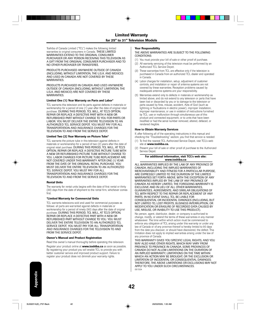 Toshiba 34HF85C appendix Limited Warranty 