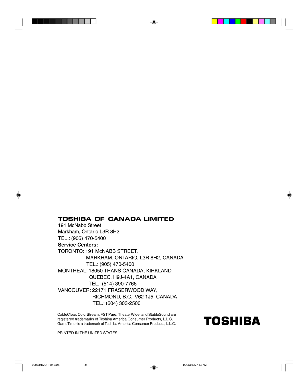 Toshiba 34HF85C appendix Service Centers 