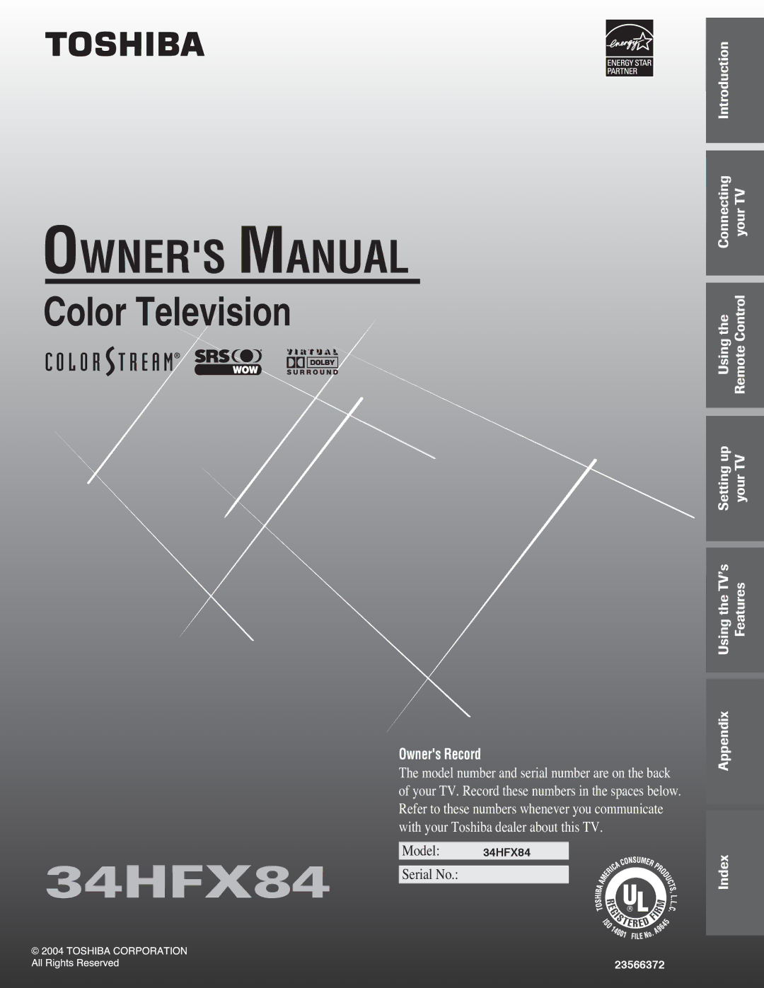 Toshiba 34HFX84 owner manual Color Television 