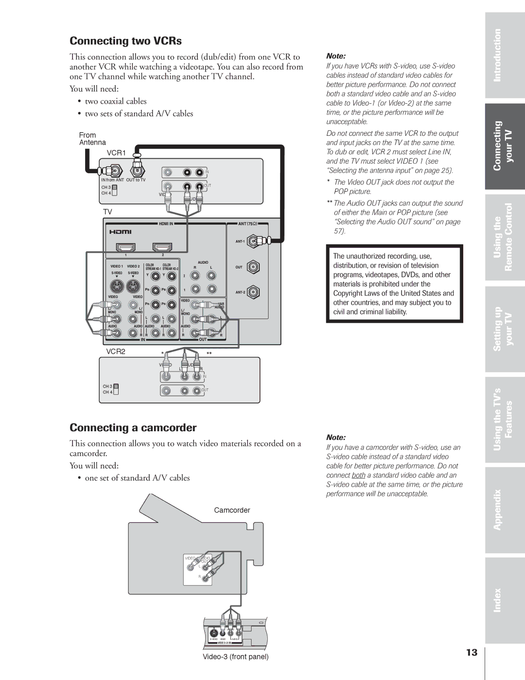 Toshiba 34HFX84 owner manual Connecting two VCRs, Connecting a camcorder, Using 