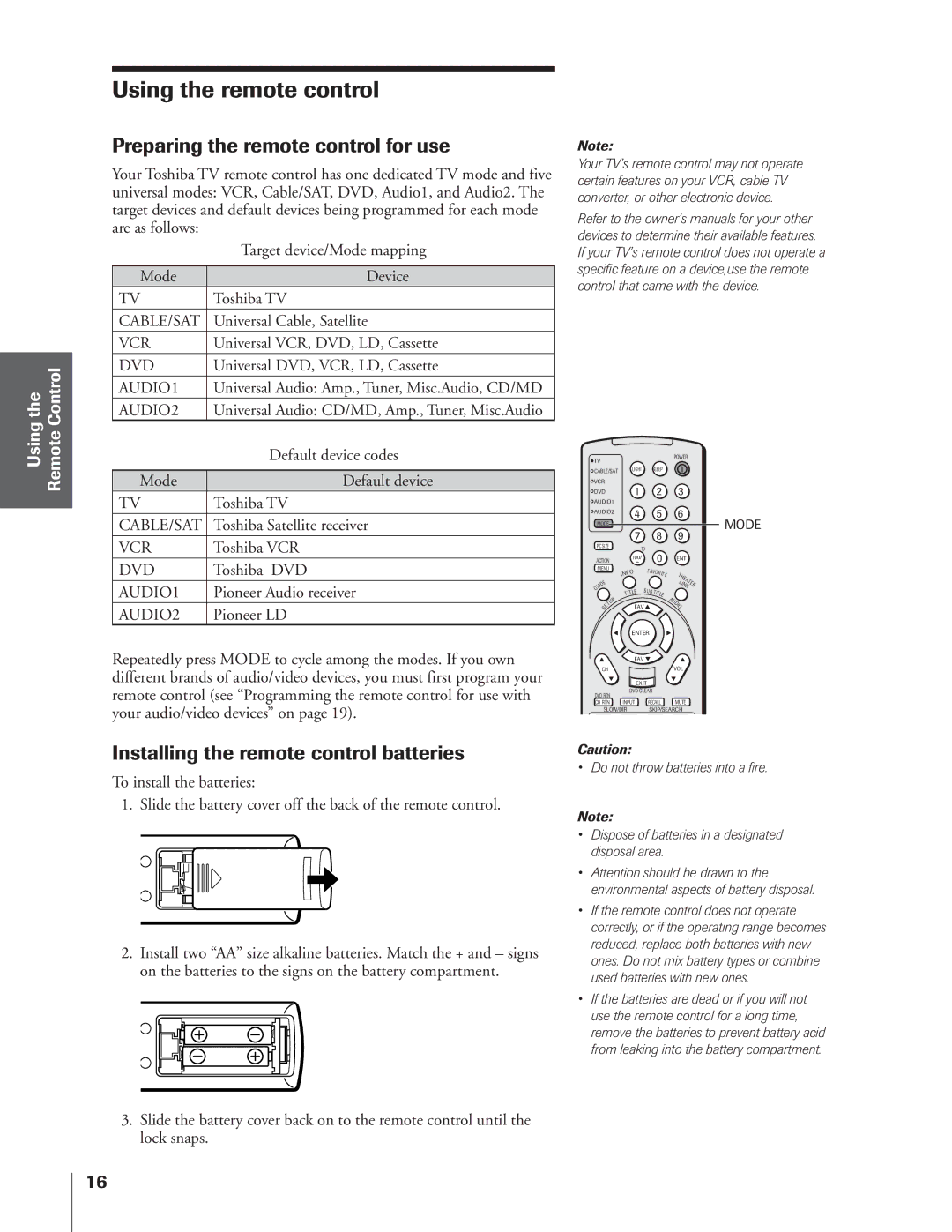 Toshiba 34HFX84 Preparing the remote control for use, Installing the remote control batteries, Using the Remote Control 