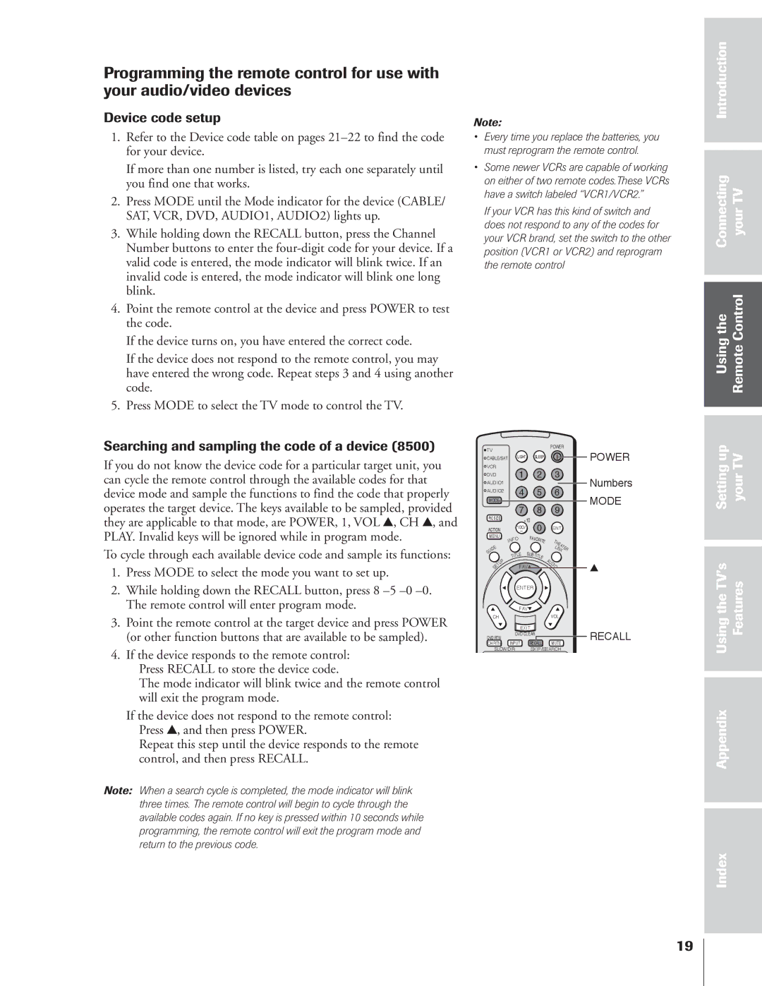 Toshiba 34HFX84 owner manual Device code setup, Introduction Connecting YourTV Usingthe RemoteControl 