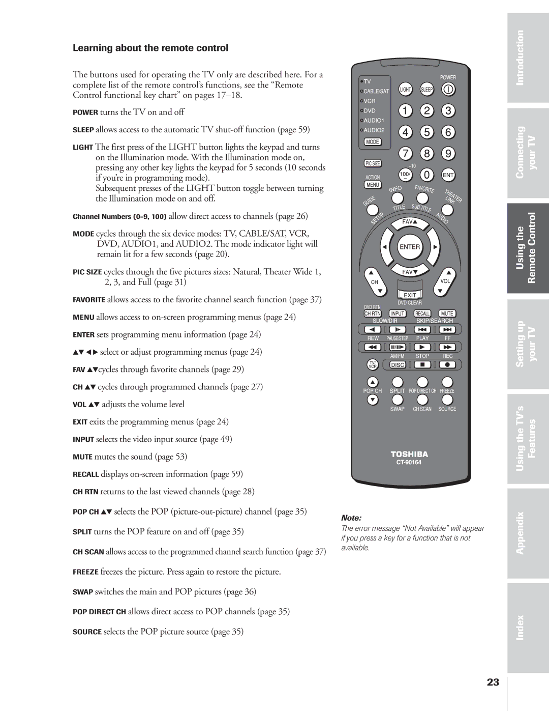 Toshiba 34HFX84 owner manual Learning about the remote control 