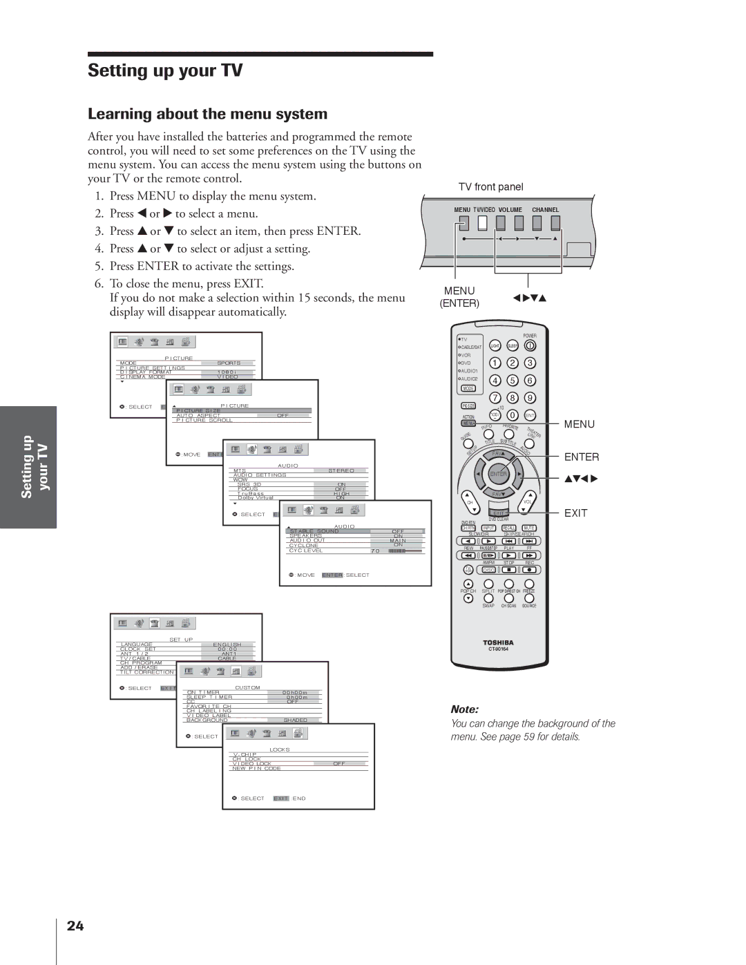 Toshiba 34HFX84 owner manual Learning about the menu system, Setting up your TV 