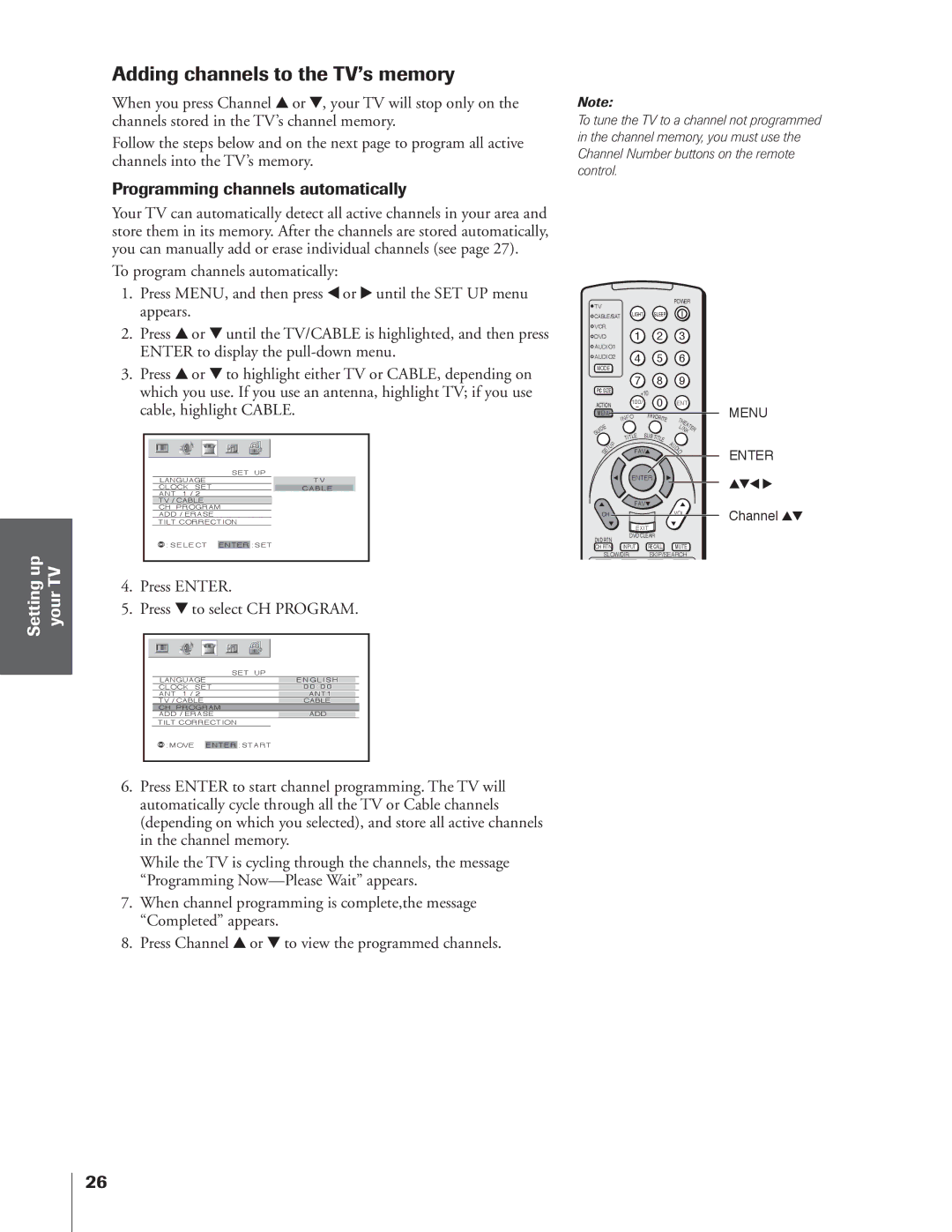 Toshiba 34HFX84 Adding channels to the TV’s memory, Programming channels automatically, To program channels automatically 