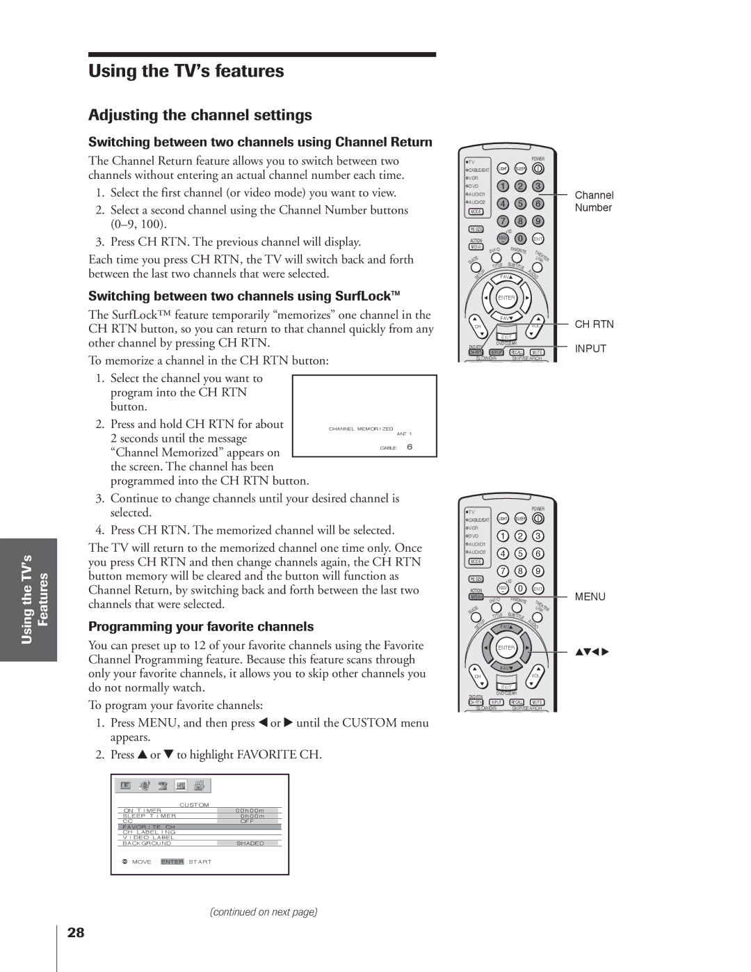 Toshiba 34HFX84 Adjusting the channel settings, Using the TV’s Features, Switching between two channels using SurfLock 