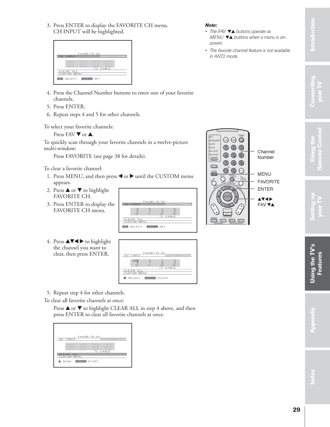 Toshiba 34HFX84 Connecting Your Usingthe RemoteControl, Settingup yourTV, Press y or z to highlight, Favorite CH 