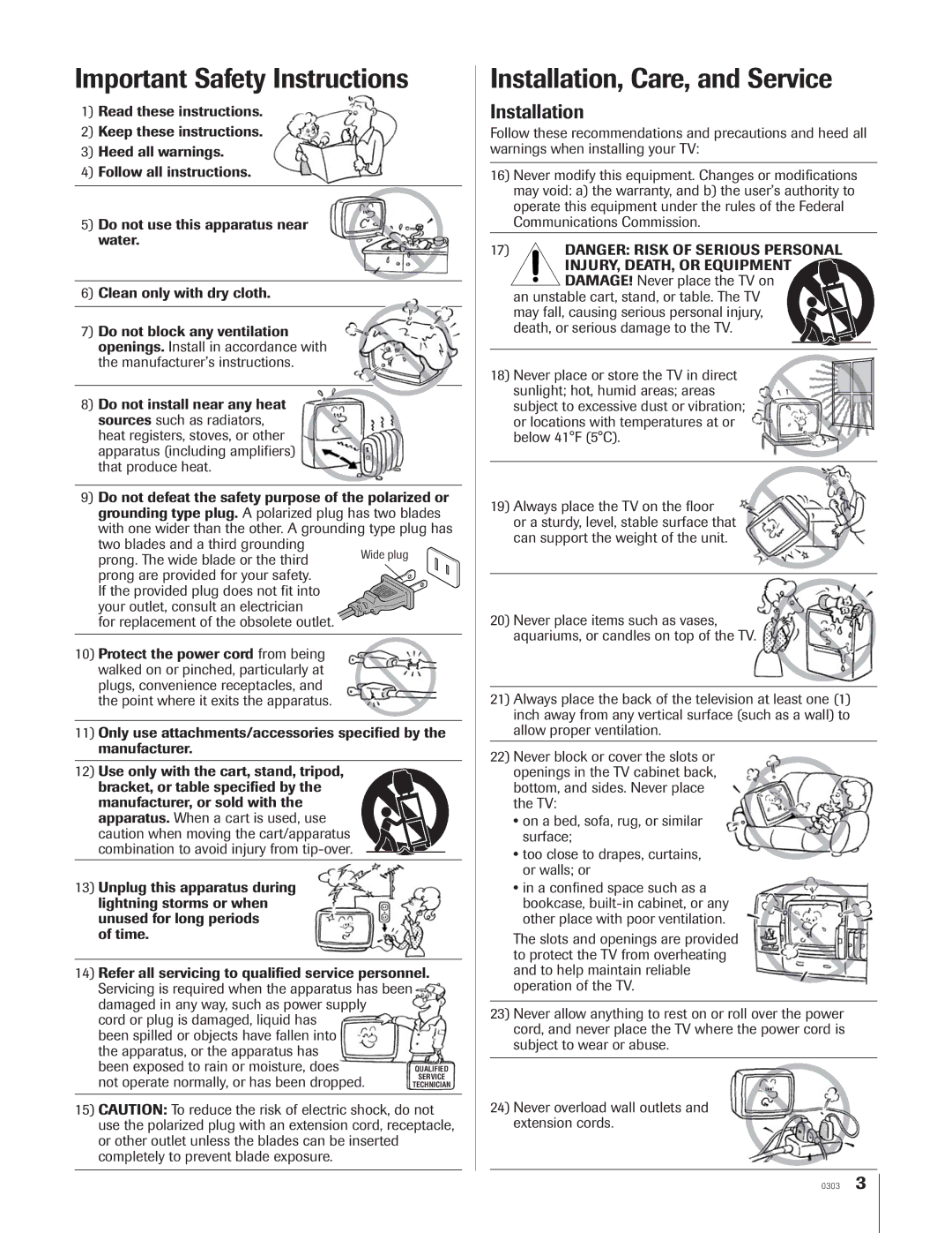 Toshiba 34HFX84 owner manual Important Safety Instructions, Installation 