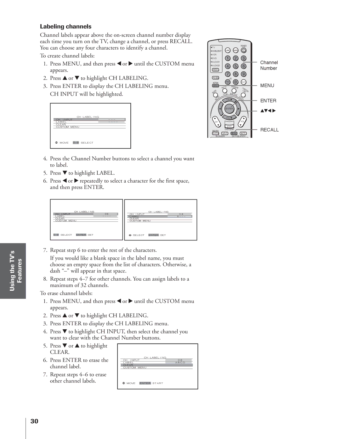 Toshiba 34HFX84 owner manual Labeling channels, Clear, Press Enter to erase the channel label 